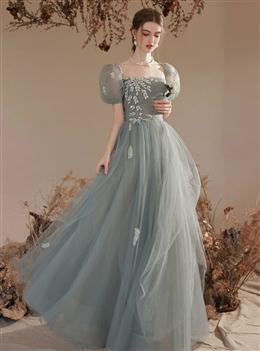 Picture of Light Green Short Sleeves Tulle Floor Length Party Dresses, A-line  Evening Formal Gown